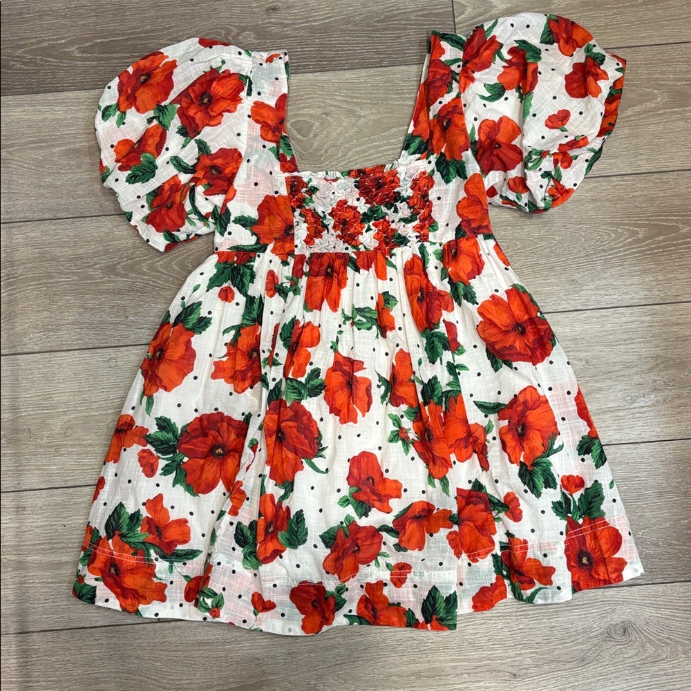 Maeve Floral Square-Neck Mini Dress in White with Poppies